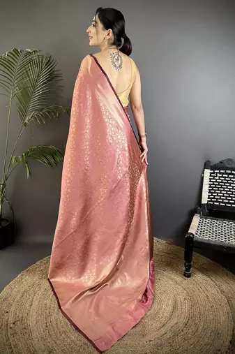 dusty pink soft satin silk blend floral & paisley motifs banarasi saree