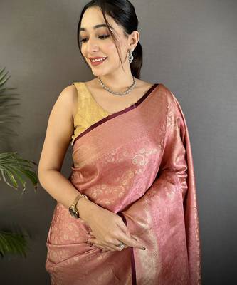 dusty pink soft satin silk blend floral & paisley motifs banarasi saree 4