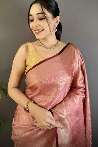 dusty pink soft satin silk blend floral & paisley motifs banarasi saree