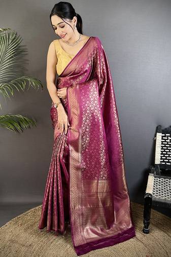 purple soft satin silk blend floral & paisley motifs banarasi saree