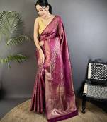 purple soft satin silk blend floral & paisley motifs banarasi saree