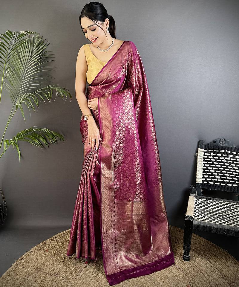 purple soft satin silk blend floral & paisley motifs banarasi saree