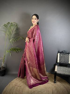 purple soft satin silk blend floral & paisley motifs banarasi saree 2