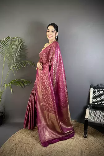purple soft satin silk blend floral & paisley motifs banarasi saree