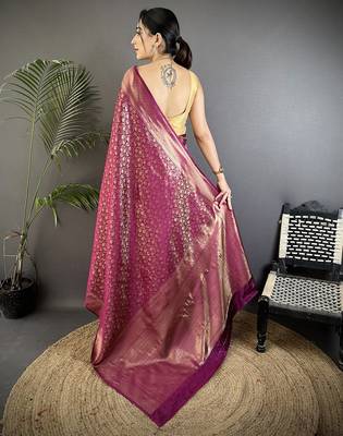 purple soft satin silk blend floral & paisley motifs banarasi saree 3