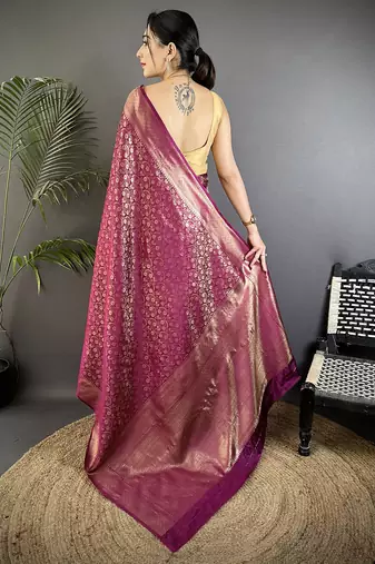 purple soft satin silk blend floral & paisley motifs banarasi saree