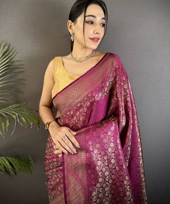 purple soft satin silk blend floral & paisley motifs banarasi saree 4