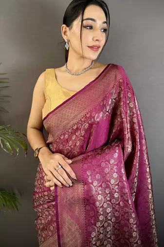 purple soft satin silk blend floral & paisley motifs banarasi saree