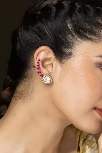 Gold plated kundan red stones ear cuff earrings