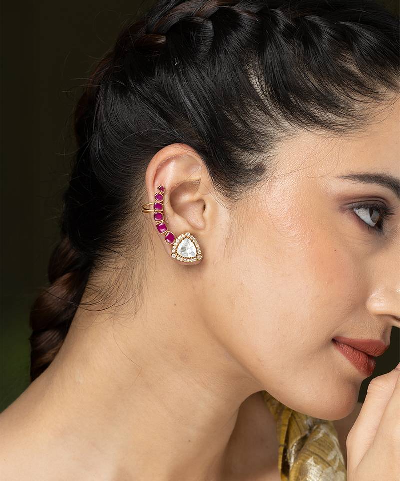 Gold plated kundan red stones ear cuff earrings
