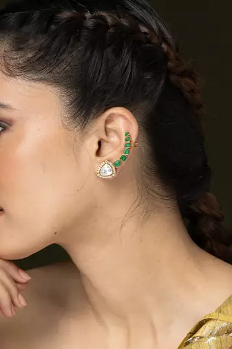 Gold plated kundan green stones ear cuff earrings