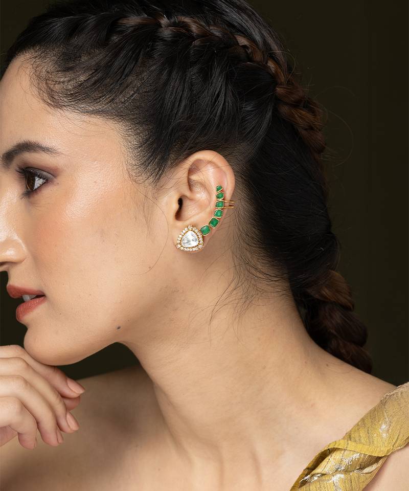 Gold plated kundan green stones ear cuff earrings
