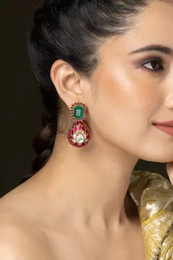 Gold plated kundan red stones drop earrings
