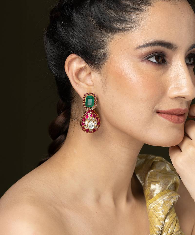 Gold plated kundan red stones drop earrings