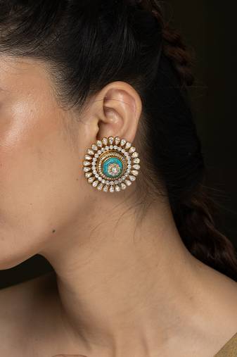 Gold plated kundan green stones stud earrings