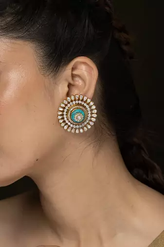 Gold plated kundan green stones stud earrings
