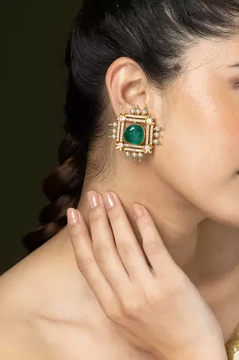 Gold plated kundan green stones stud earrings