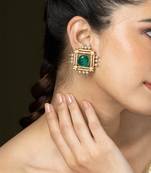 Gold plated kundan green stones stud earrings