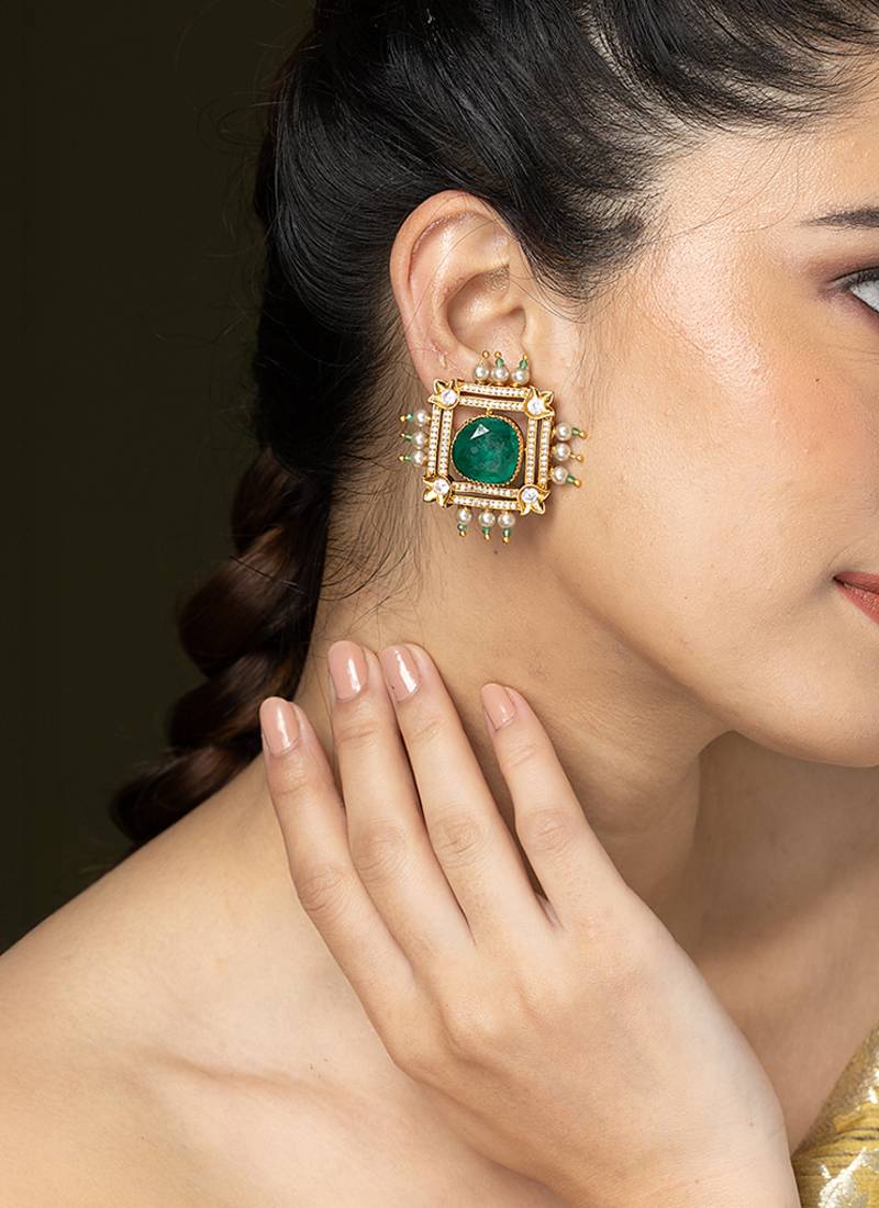Gold plated kundan green stones stud earrings