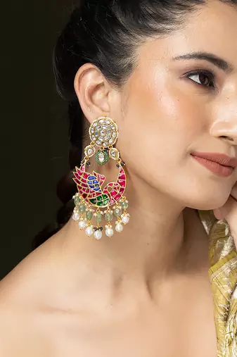 Gold plated kundan multicolor stones chandbali earrings