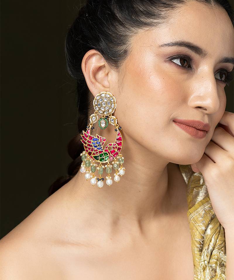 Gold plated kundan multicolor stones chandbali earrings