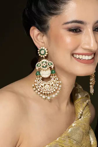 Gold plated kundan green stones chandbali earrings