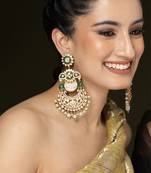 Gold plated kundan green stones chandbali earrings