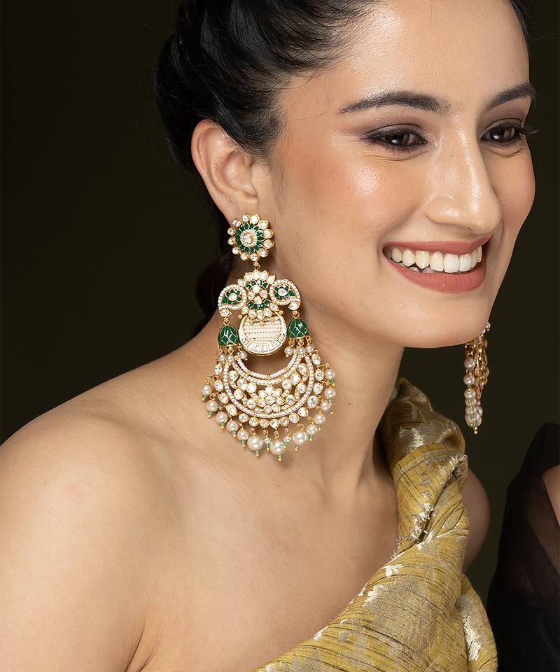 Gold plated kundan green stones chandbali earrings