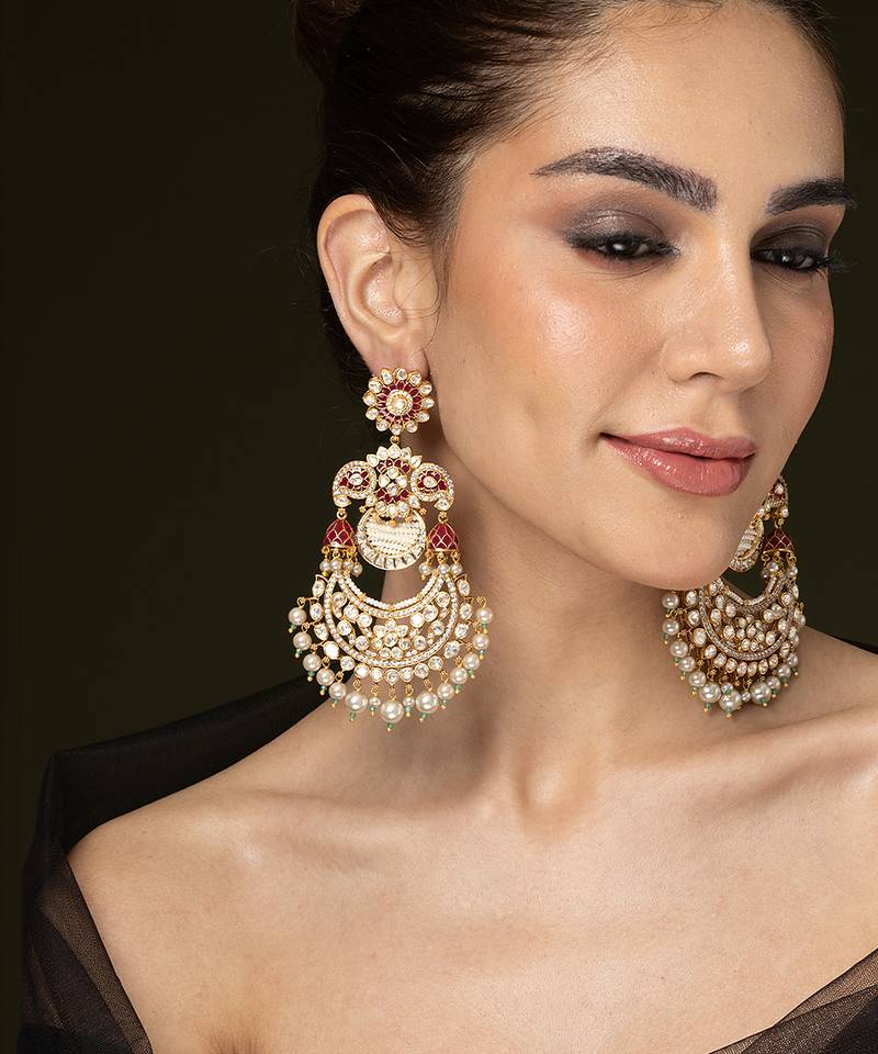 Gold plated kundan red stones chandbali earrings
