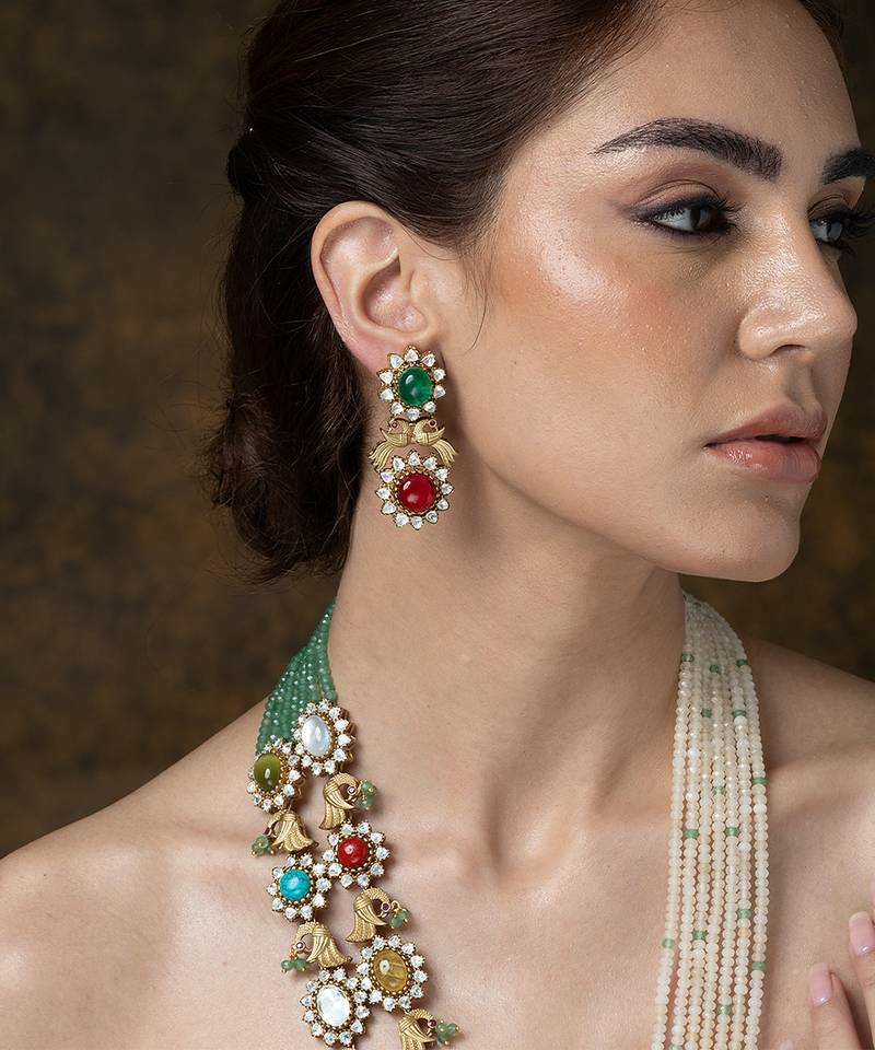 Gold plated kundan multicolor stones necklace set