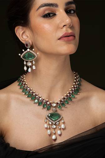Gold plated kundan green stones necklace set