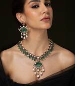 Gold plated kundan green stones necklace set