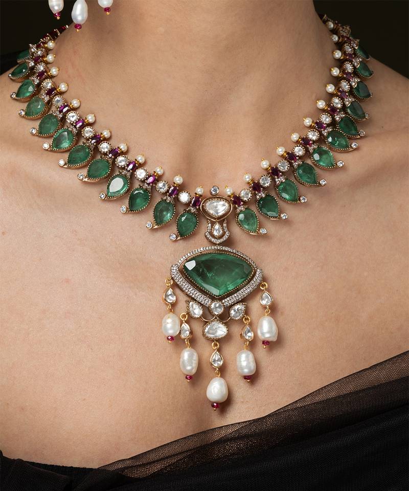 Gold plated kundan green stones necklace set