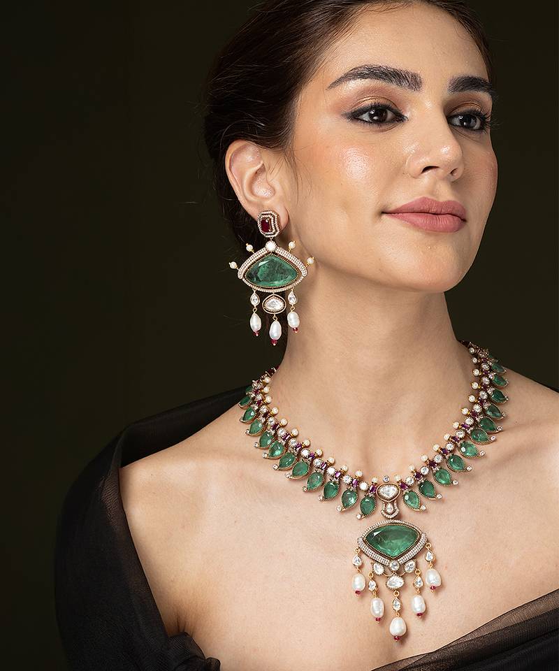 Gold plated kundan green stones necklace set