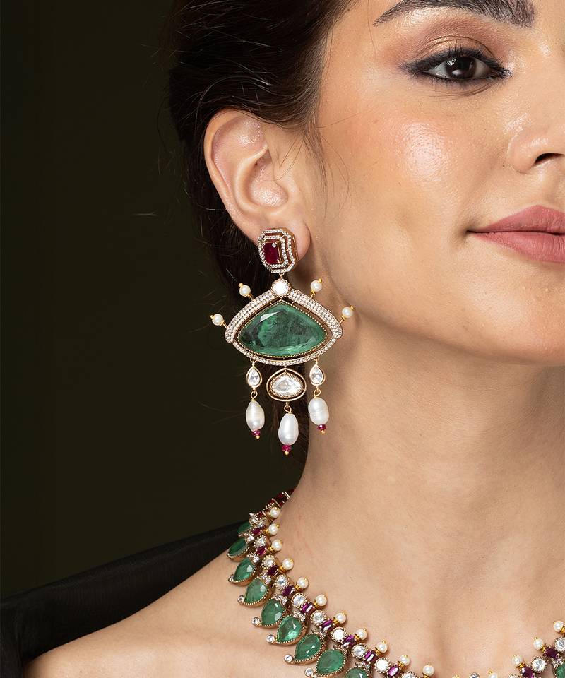 Gold plated kundan green stones necklace set