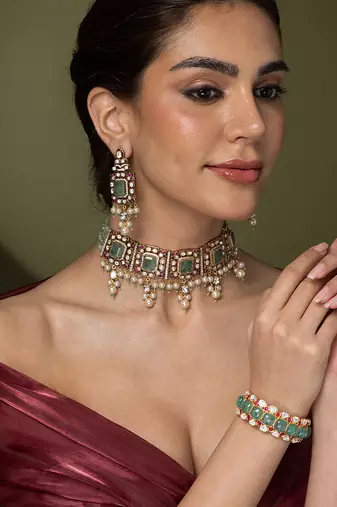 Gold plated kundan turquoise stones choker necklace set