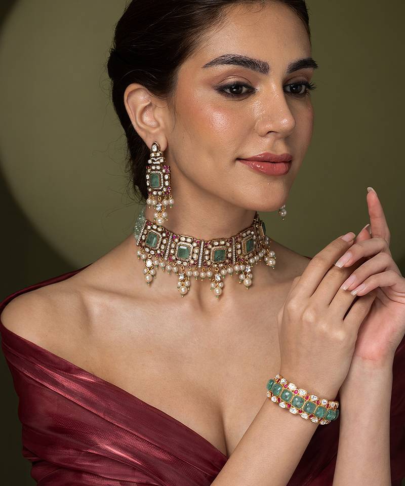 Gold plated kundan turquoise stones choker necklace set