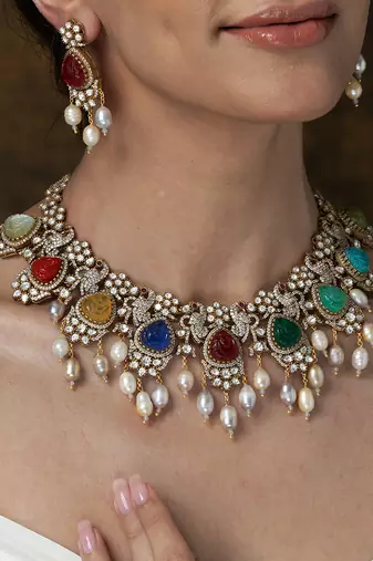 Gold plated kundan multicolor stones necklace set