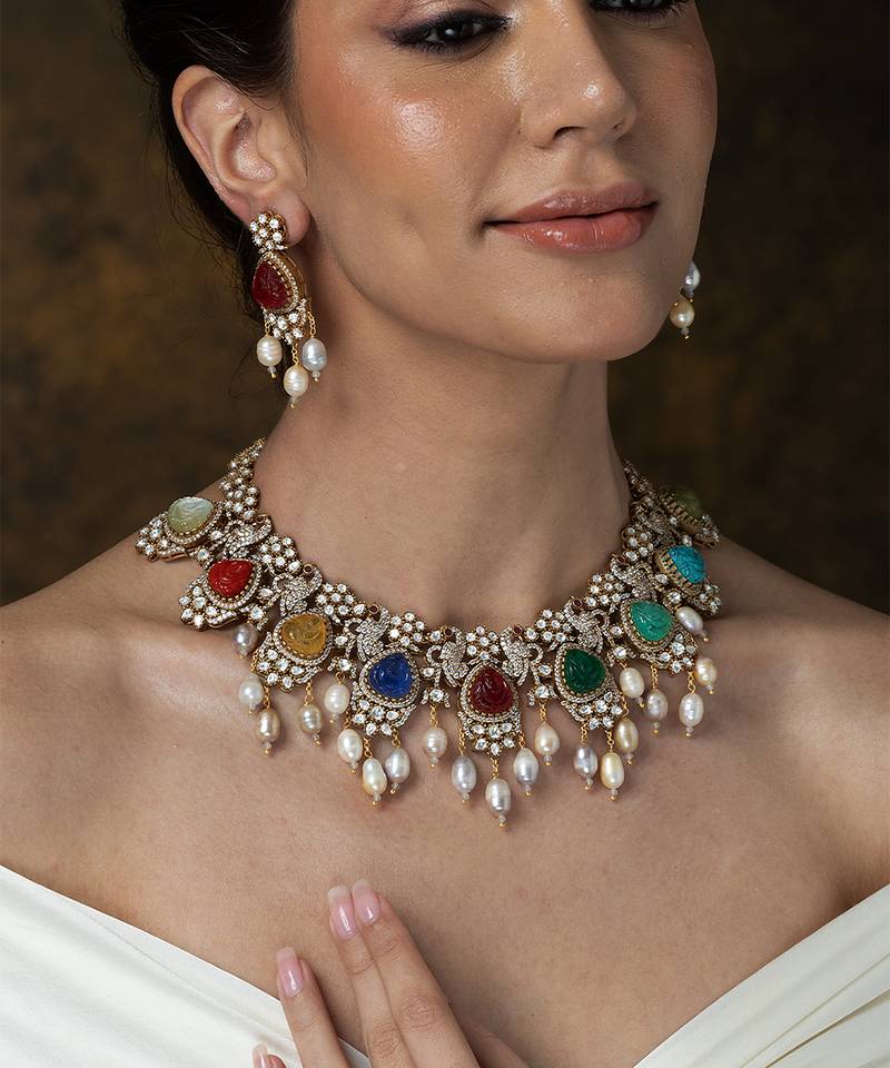 Gold plated kundan multicolor stones necklace set