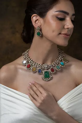 Gold plated kundan multicolor stones necklace set