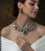 Gold plated kundan multicolor stones necklace set