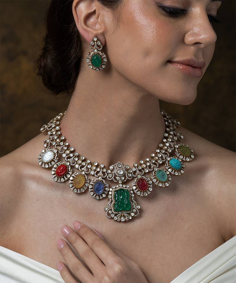 Gold plated kundan multicolor stones necklace set