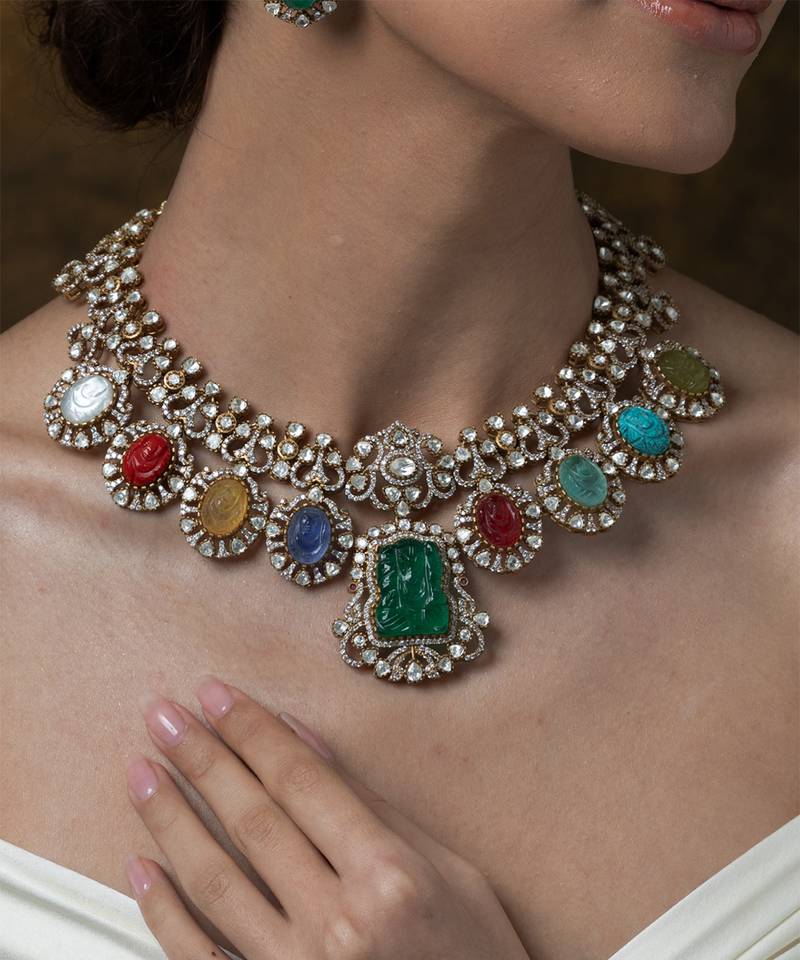 Gold plated kundan multicolor stones necklace set