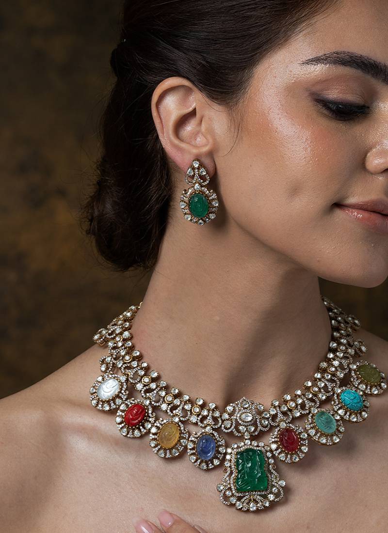 Gold plated kundan multicolor stones necklace set