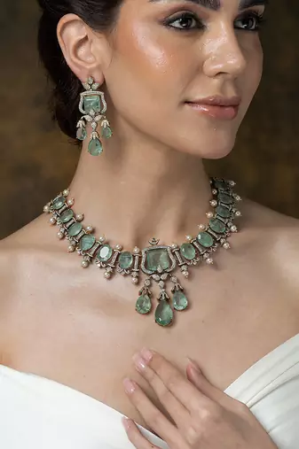 Gold plated kundan turquoise stones necklace set