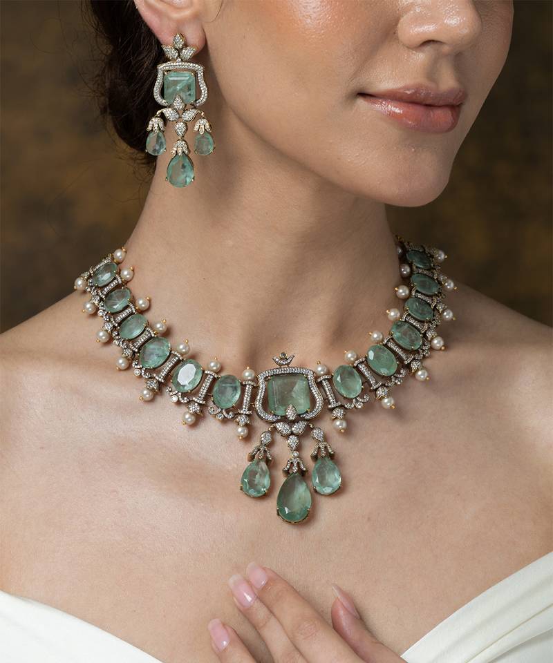 Gold plated kundan turquoise stones necklace set