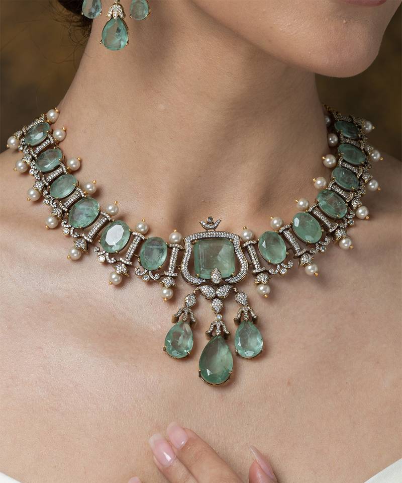 Gold plated kundan turquoise stones necklace set