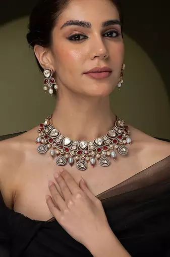 Gold plated kundan red stones necklace set