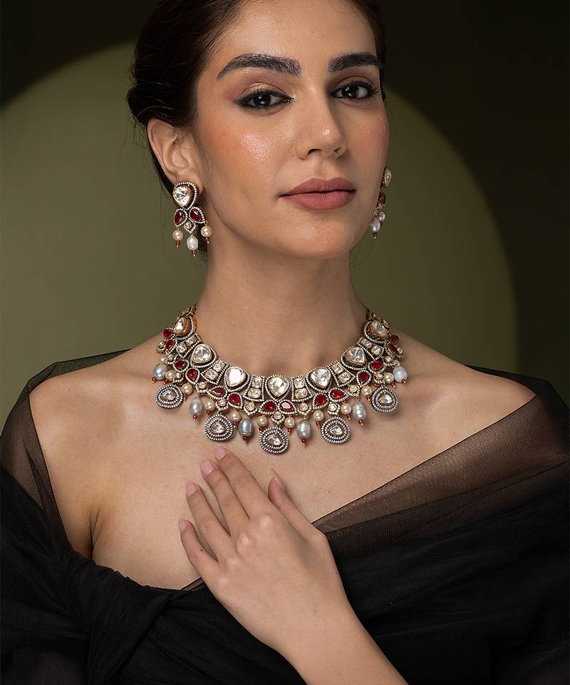 Gold plated kundan red stones necklace set