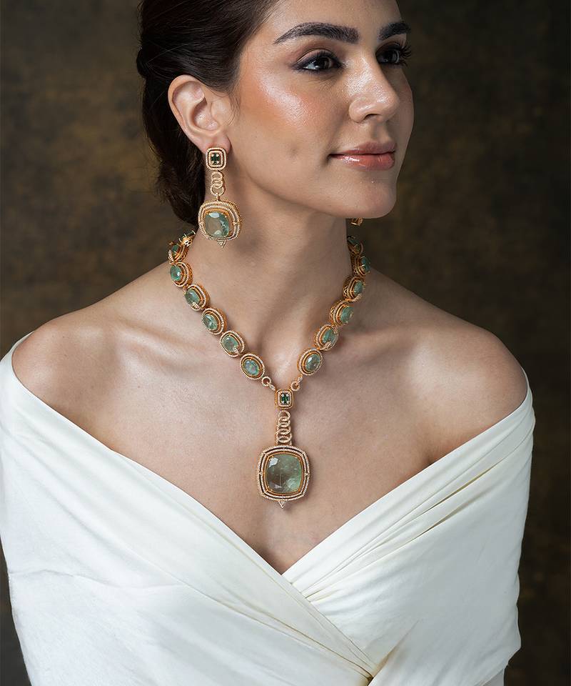 Gold plated kundan turquoise stones necklace set